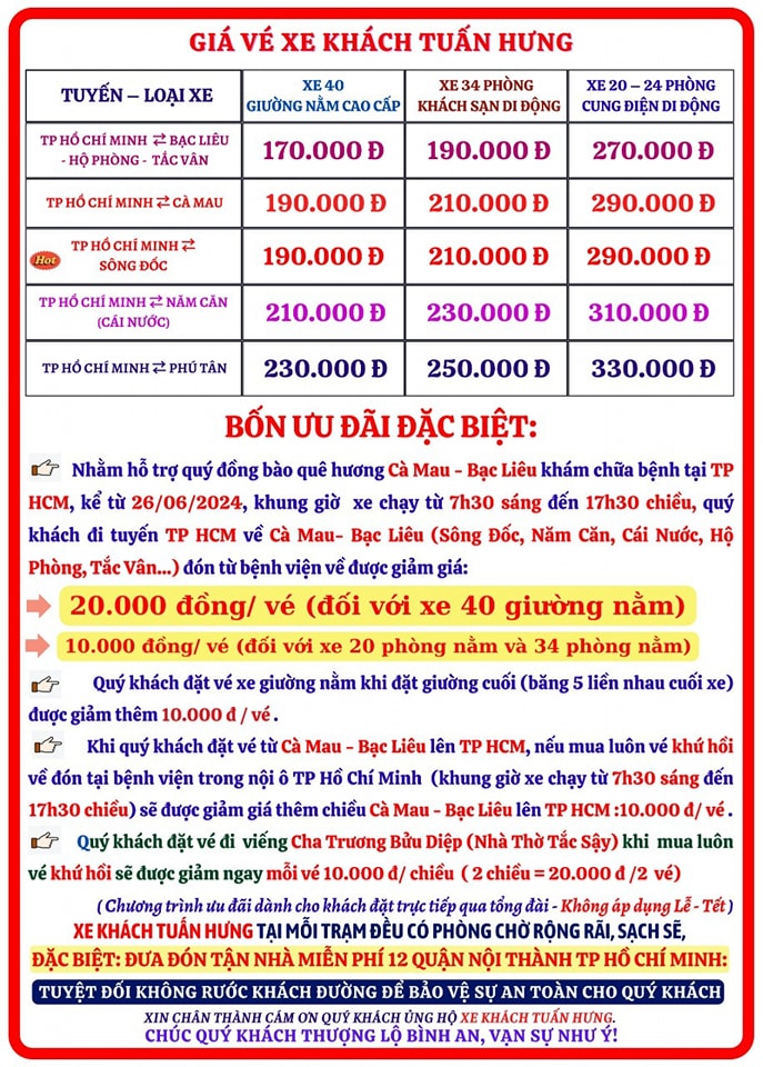 Bảng giá vé xe Tuấn Hưng các tuyến miền Tây