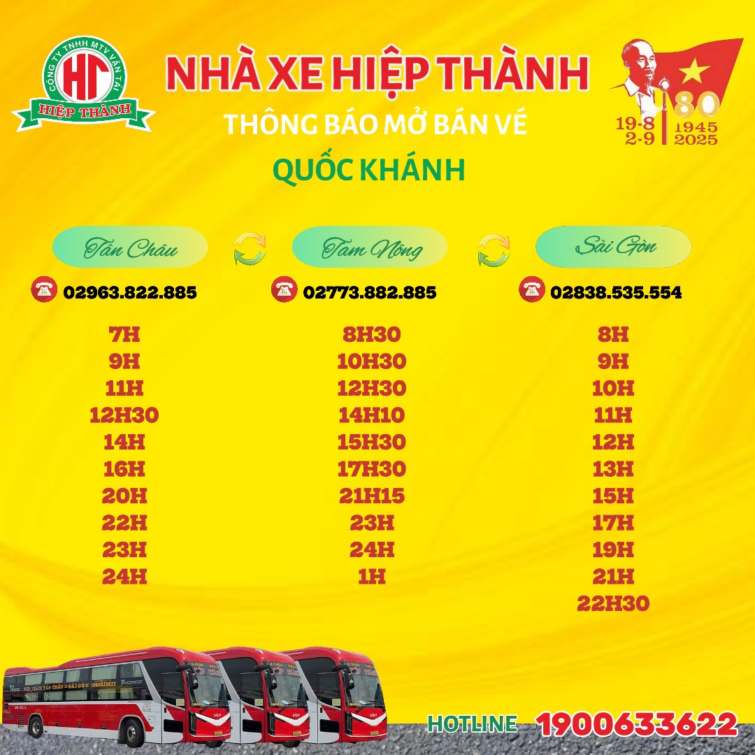 Lịch trình giờ chạy bến xe Hiệp Thành Tân Châu