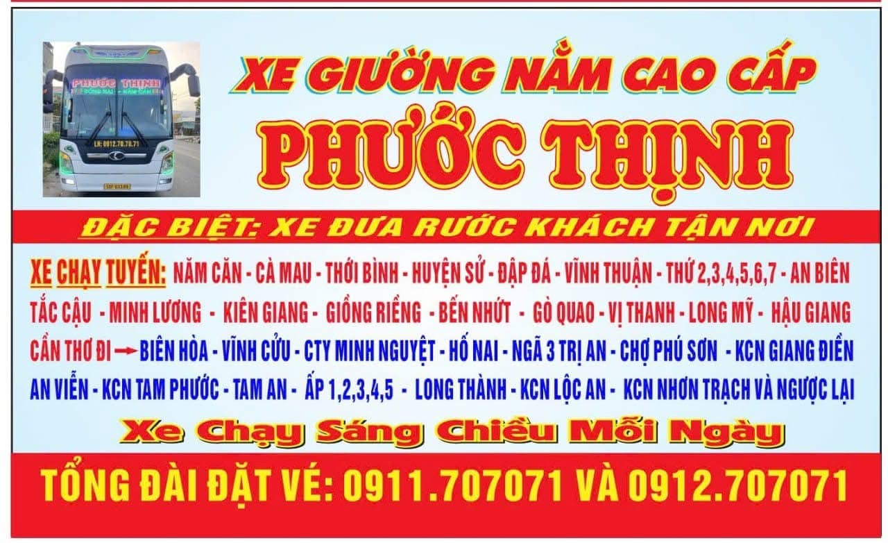 Bảng lịch trình chi tiết xe Phước Thịnh chạy tuyến Đồng Nai - Cà Mau