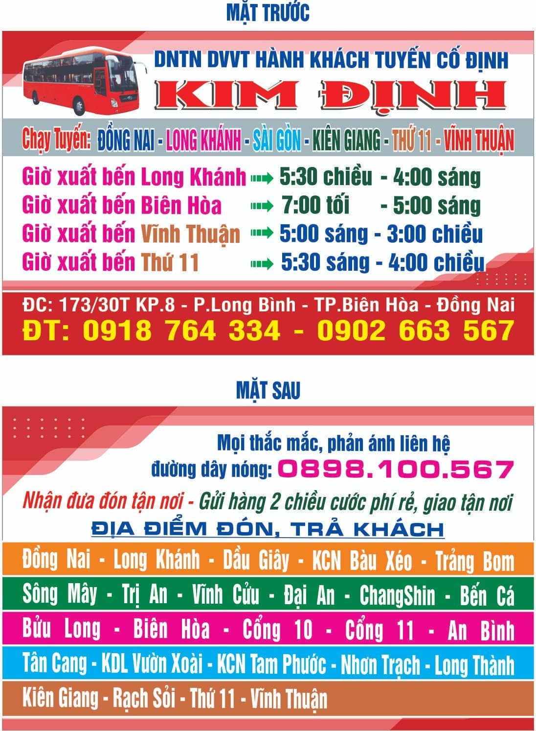 Bảng lịch trình chi tiết xe Kim Định