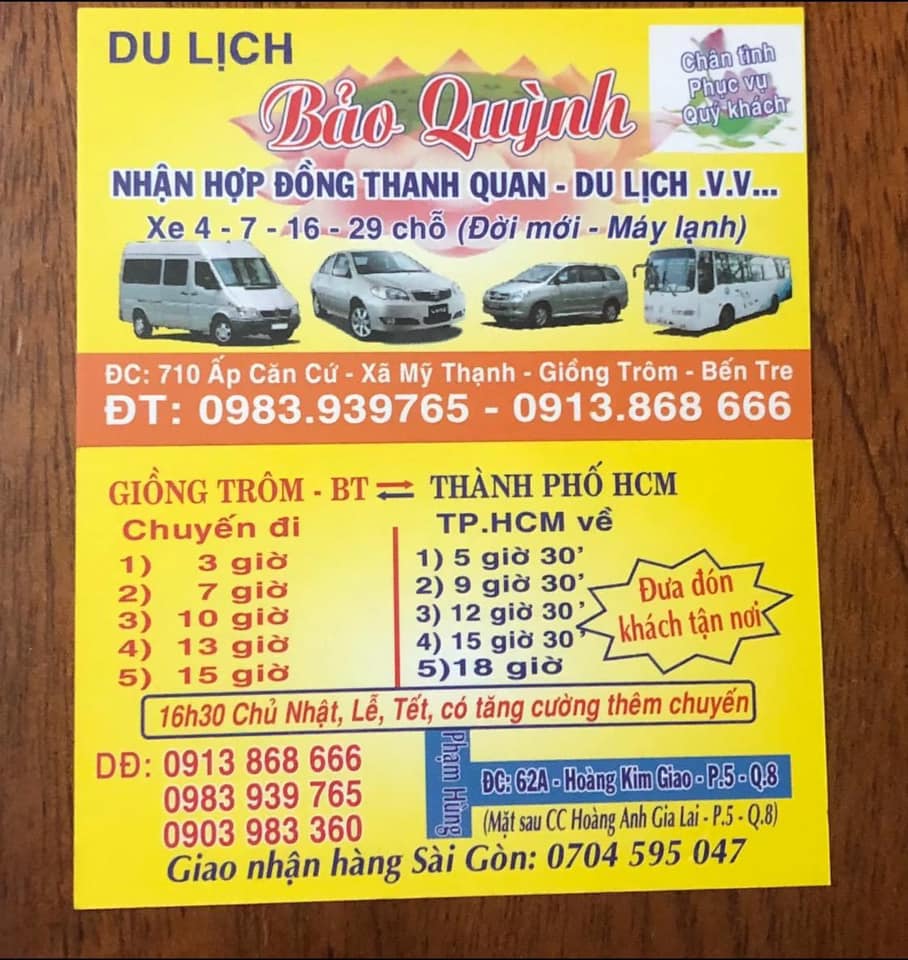 Xe khách Bảo Quỳnh nhận gửi hàng hóa tuyến Bến Tre