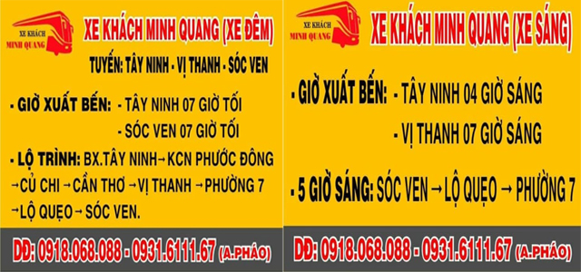 Số điện thoại xe Minh Quang từ Tây Ninh về Vị Thanh Hậu Giang